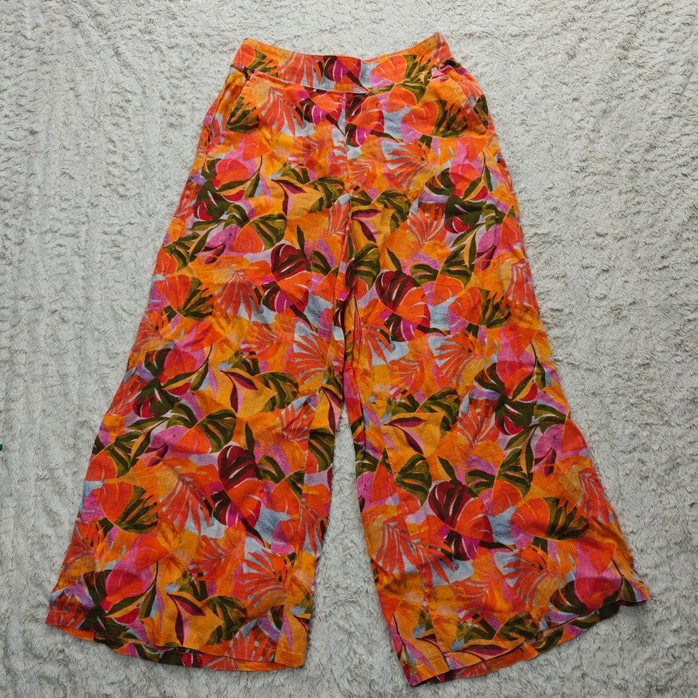 C&C California Tropical 100% Linen Cropped Pants Womens S Orange Jungle Wide Leg